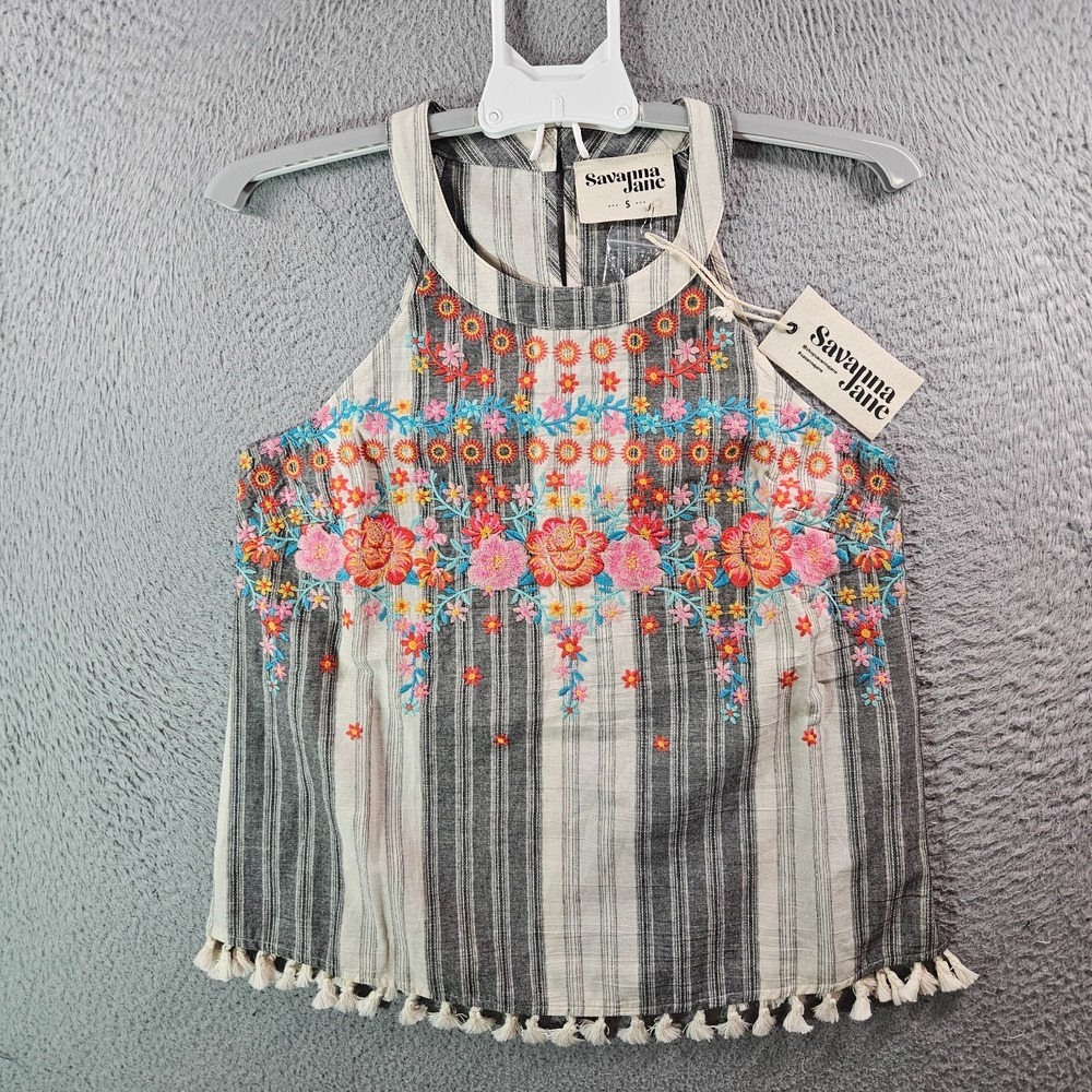 NEW Savanna Jane Sleeveless Tank Top‎ Women Small Embroidered Striped